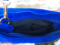 Cobalt blue boho suede leather crossbody bag . Genuine leather blue purse. Blue messenger retro bag with zipper, flap and adjustable strap