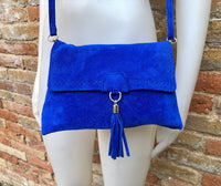 Cobalt blue boho suede leather crossbody bag . Genuine leather blue purse. Blue messenger retro bag with zipper, flap and adjustable strap