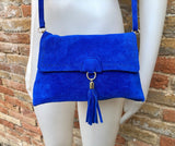Cobalt blue boho suede leather crossbody bag . Genuine leather blue purse. Blue messenger retro bag with zipper, flap and adjustable strap