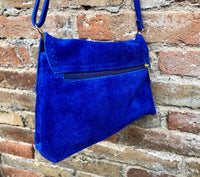Cobalt blue boho suede leather crossbody bag . Genuine leather blue purse. Blue messenger retro bag with zipper, flap and adjustable strap