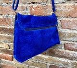 Cobalt blue boho suede leather crossbody bag . Genuine leather blue purse. Blue messenger retro bag with zipper, flap and adjustable strap