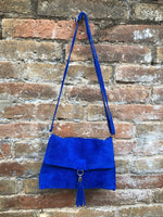 Cobalt blue boho suede leather crossbody bag . Genuine leather blue purse. Blue messenger retro bag with zipper, flap and adjustable strap