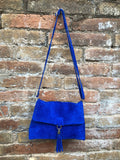 Cobalt blue boho suede leather crossbody bag . Genuine leather blue purse. Blue messenger retro bag with zipper, flap and adjustable strap