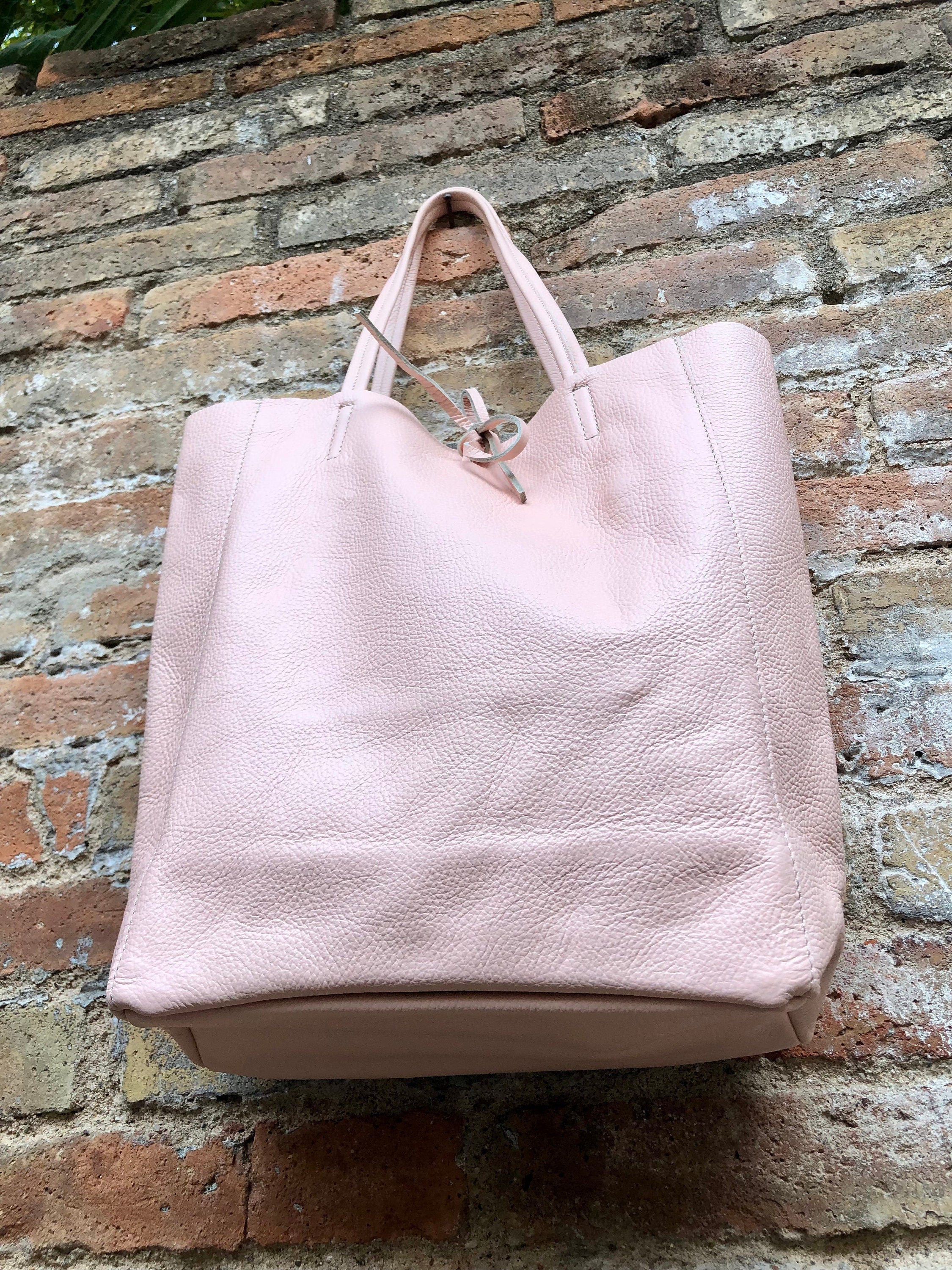 Pink leather bag. TOTE leather shopper in light PINK. Genuine leather. Soft natural shoulder bag for your laptop, ipad, tablet or books.