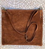 Camel brown suede messenger bag with brown strap. Soft genuine leather crossbody / shoulder bag .or books, tablets. Brown suede purse