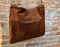 Camel brown suede messenger bag with brown strap. Soft genuine leather crossbody / shoulder bag .or books, tablets. Brown suede purse