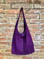 PURPLE slouch leather bag. Shoulder bag made with soft natural suede. Boho suede leather shopper + ZIPPER. Carry all bag for books, tablets
