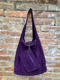 PURPLE slouch leather bag. Shoulder bag made with soft natural suede. Boho suede leather shopper + ZIPPER. Carry all bag for books, tablets