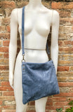 DENIM BLUE suede messenger bag with suede strap. Soft genuine leather crossbody / shoulder bag for books, tablets. Blue - GRAY suede purse