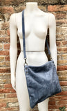 DENIM BLUE suede messenger bag with suede strap. Soft genuine leather crossbody / shoulder bag for books, tablets. Blue - GRAY suede purse