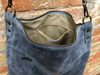 DENIM BLUE suede messenger bag with suede strap. Soft genuine leather crossbody / shoulder bag for books, tablets. Blue - GRAY suede purse