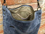 DENIM BLUE suede messenger bag with suede strap. Soft genuine leather crossbody / shoulder bag for books, tablets. Blue - GRAY suede purse