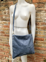 DENIM BLUE suede messenger bag with suede strap. Soft genuine leather crossbody / shoulder bag for books, tablets. Blue - GRAY suede purse