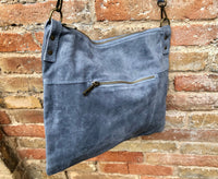 DENIM BLUE suede messenger bag with suede strap. Soft genuine leather crossbody / shoulder bag for books, tablets. Blue - GRAY suede purse