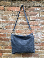 DENIM BLUE suede messenger bag with suede strap. Soft genuine leather crossbody / shoulder bag for books, tablets. Blue - GRAY suede purse