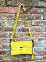 Small YELLOW suede bag. Cross body or shoulder bag in GENUINE suede leather with adjustable strap and zipper. Boho yellow suede purse.