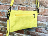 Small YELLOW suede bag. Cross body or shoulder bag in GENUINE suede leather with adjustable strap and zipper. Boho yellow suede purse.