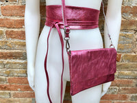 Pink genuine leather bag + obi belt. Metalic laminate leather shoulder / crossbody bag + belt set. Wraparound waist belt + small party bag