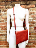 Orange leather bag. 2 straps: 1 leather + 1 guitar strap. GENUINE leather Crossbody / shoulder bag. Orange purse with flap and zipper