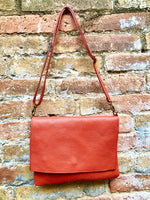 Orange leather bag. 2 straps: 1 leather + 1 guitar strap. GENUINE leather Crossbody / shoulder bag. Orange purse with flap and zipper