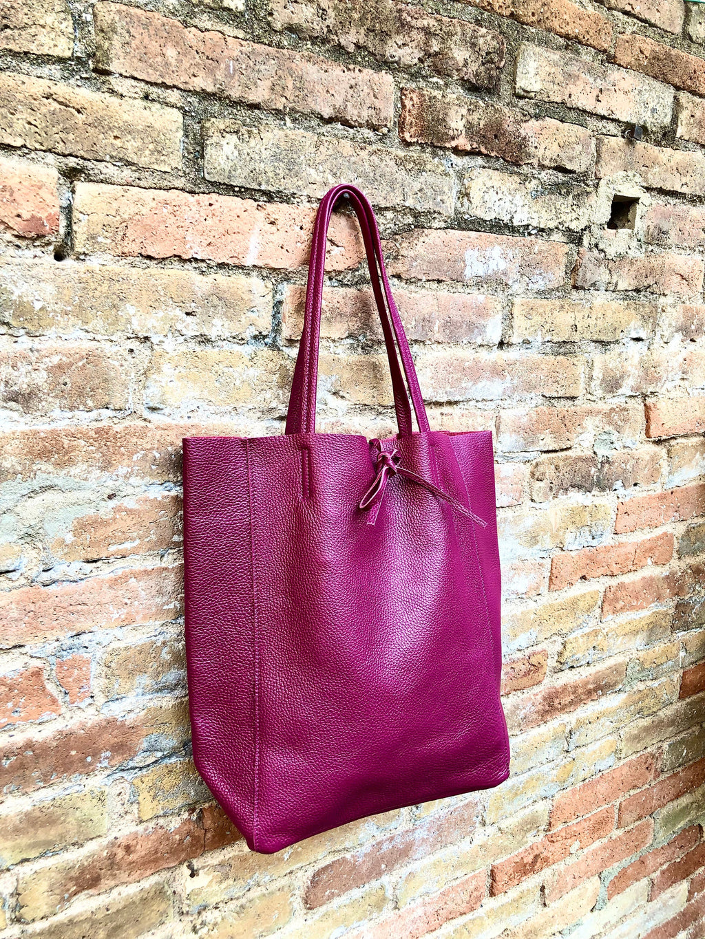 Tote leather bag in PLUM burgundy. Leather shopper bag in soft natural GENUINE leather. Large wine red carry all bag for your laptop, books