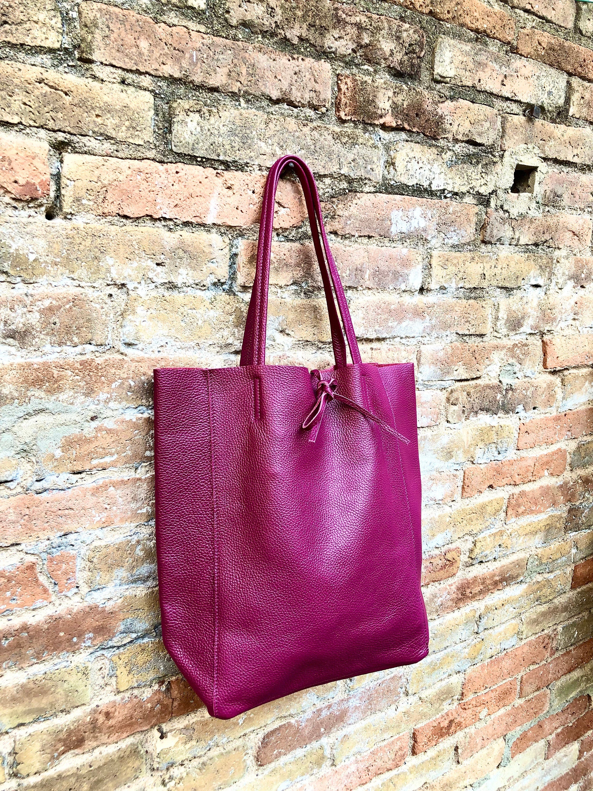 Tote leather bag in PLUM burgundy. Leather shopper bag in soft natural GENUINE leather. Large wine red carry all bag for your laptop, books