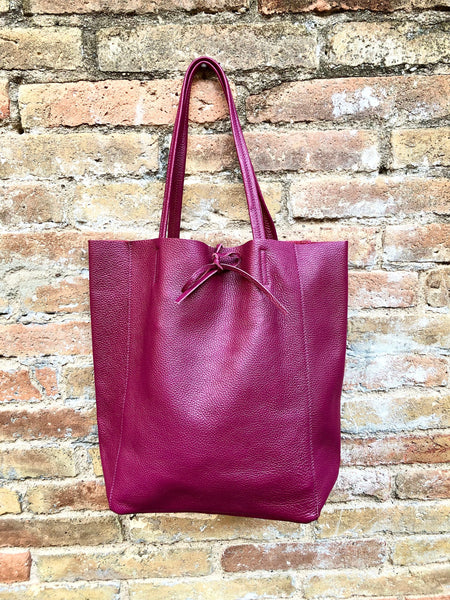 Tote leather bag in PLUM burgundy. Leather shopper bag in soft natural GENUINE leather. Large wine red carry all bag for your laptop, books