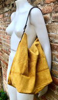 Mustard yellow slouch leather bag. Soft suede boho - hobo bag. Book or tablet bags in genuine suede leather. Yellow + brown leather shopper