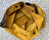 Mustard yellow slouch leather bag. Soft suede boho - hobo bag. Book or tablet bags in genuine suede leather. Yellow + brown leather shopper