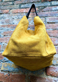 Mustard yellow slouch leather bag. Soft suede boho - hobo bag. Book or tablet bags in genuine suede leather. Yellow + brown leather shopper