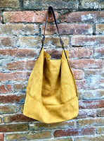 Mustard yellow slouch leather bag. Soft suede boho - hobo bag. Book or tablet bags in genuine suede leather. Yellow + brown leather shopper