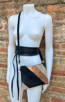 Leather bag + wrap belt set in metallic shine leather. Pink gold, beige and BLACK crosbody or shoulder bag + obi waist belt. Disco 70s purse