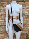 Leather bag + wrap belt set in metallic shine leather. Pink gold, beige and BLACK crosbody or shoulder bag + obi waist belt. Disco 70s purse