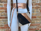 Leather bag + wrap belt set in metallic shine leather. Pink gold, beige and BLACK crosbody or shoulder bag + obi waist belt. Disco 70s purse