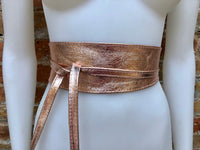 Golden PINK OBI belt in natural soft leather. Waist belt,wide leather belt, metallic, wrap belt, boho sash, boho wraparound pink belt