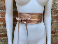 Golden PINK OBI belt in natural soft leather. Waist belt,wide leather belt, metallic, wrap belt, boho sash, boho wraparound pink belt