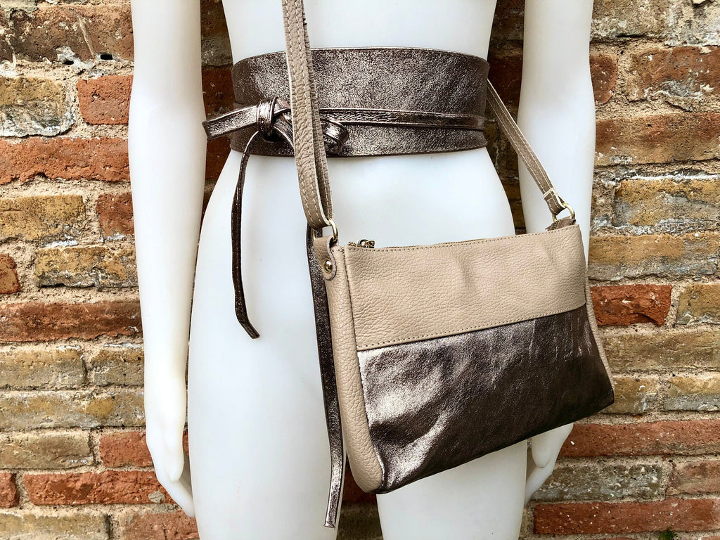 Bronze purse + obi waist belt. Genuine leather bag and wrap belt set in metallic shine leather. Disco 70s bronze retro bag and wide belt