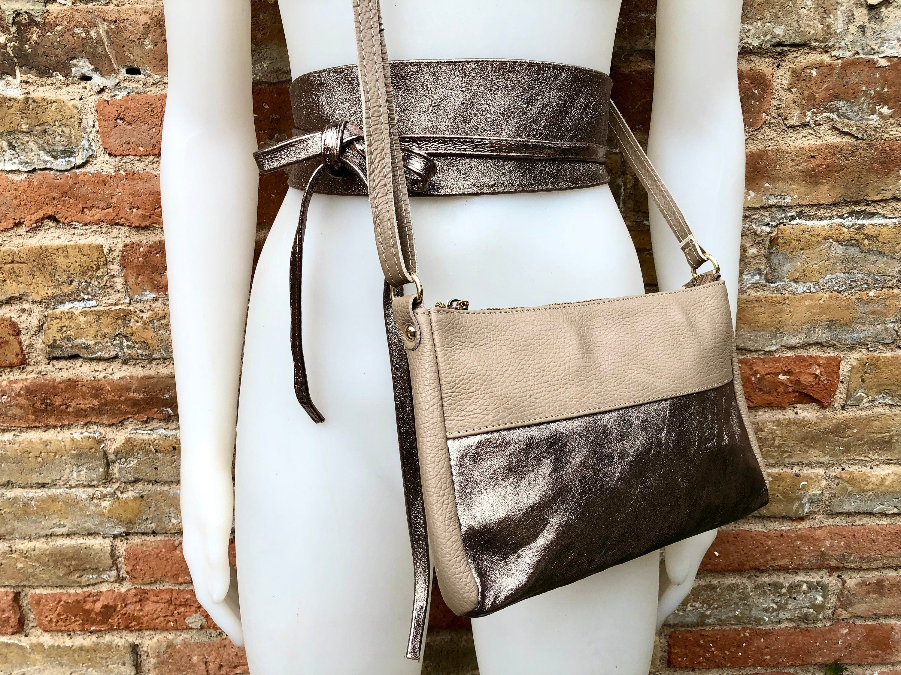 Bronze purse + obi waist belt. Genuine leather bag and wrap belt set in metallic shine leather. Disco 70s bronze retro bag and wide belt