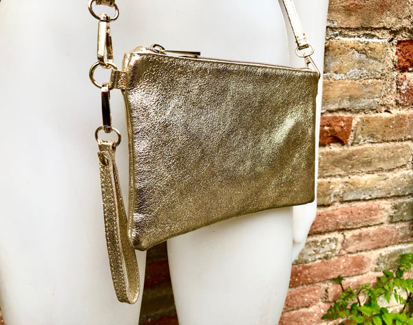 Small leather bag in GOLD .Cross body, shoulder bag or wristlet in GENUINE leather. Golden leather bag with adjustable strap. Gold purse