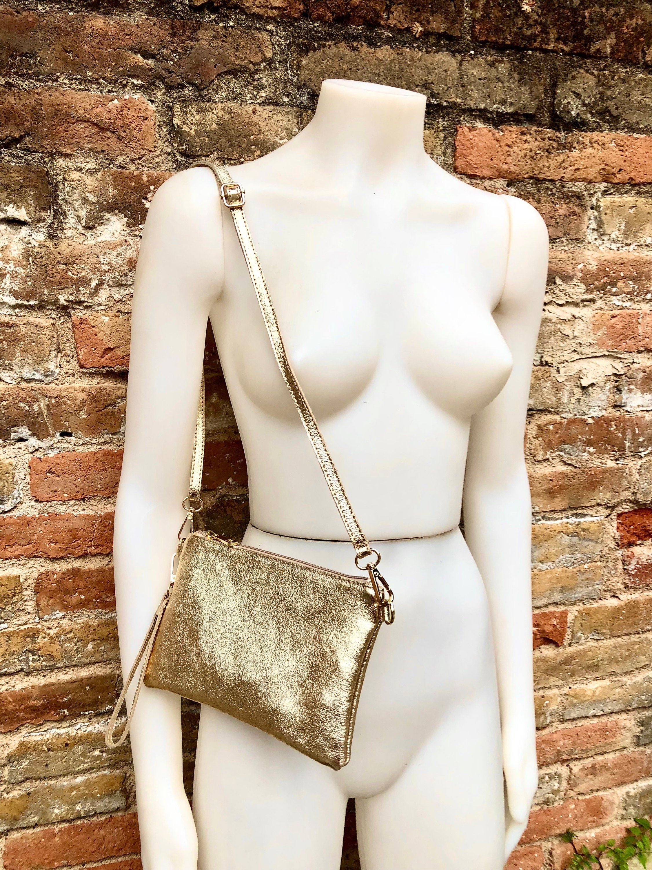 Small leather bag in GOLD .Cross body, shoulder bag or wristlet in GENUINE leather. Golden leather bag with adjustable strap. Gold purse