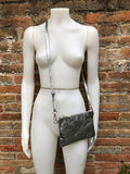 Small leather bag in DARK SILVER. Crossbody, shoulder bag or wristlet in GENUINE leather. Metallic pewter gray purse + adjustable strap.