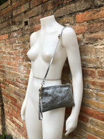 Small leather bag in DARK SILVER. Crossbody, shoulder bag or wristlet in GENUINE leather. Metallic pewter gray purse + adjustable strap.