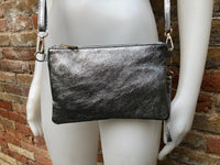 Small leather bag in DARK SILVER. Crossbody, shoulder bag or wristlet in GENUINE leather. Metallic pewter gray purse + adjustable strap.