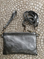 Small leather bag in DARK SILVER. Crossbody, shoulder bag or wristlet in GENUINE leather. Metallic pewter gray purse + adjustable strap.