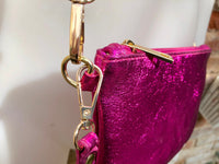 Small genuine leather bag in METALLIC hot pink. Cross body bag, shoulder bag or wristlet. Small glitter leather purse in magenta, fuchsia.