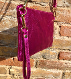 Small genuine leather bag in METALLIC hot pink. Cross body bag, shoulder bag or wristlet. Small glitter leather purse in magenta, fuchsia.