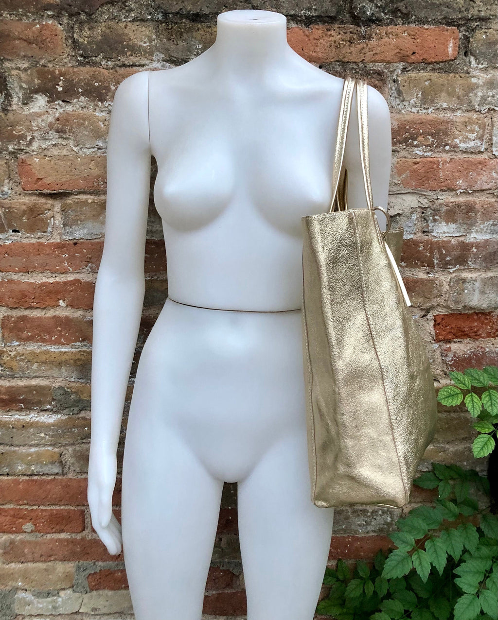 Tote leather bag in GOLD. Leather shopper in natural GENUINE leather. Large carry all bag for your laptop, books.GOLD leather purse + zipper