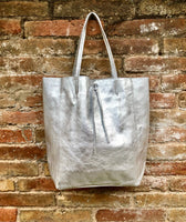 Tote leather bag in SILVER. Leather shopper in natural GENUINE leather. Large carry all bag for your laptop, books. Metallic leather shopper