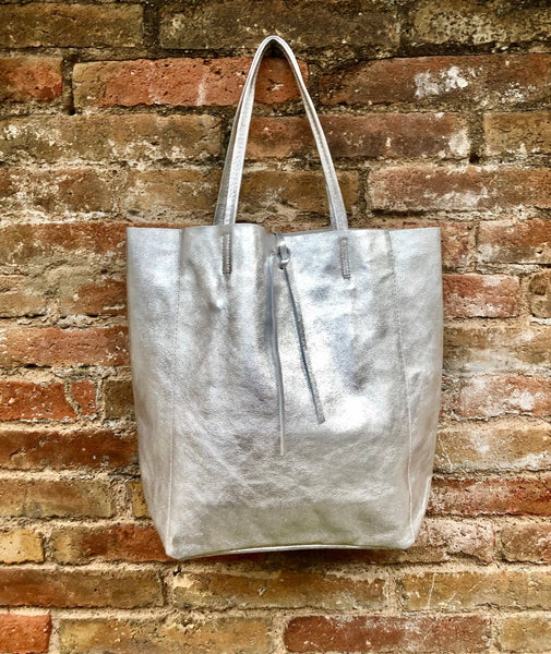 Tote leather bag in SILVER. GENUINE leather shopper with ZIPPER. Large carry all bag for your laptop, books. Metallic leather shopper