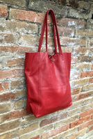 Large tote leather bag in m terracotta RED. Soft genuine leather shopper. Laptop or tablet carryall shoulder bag. Red leather purse